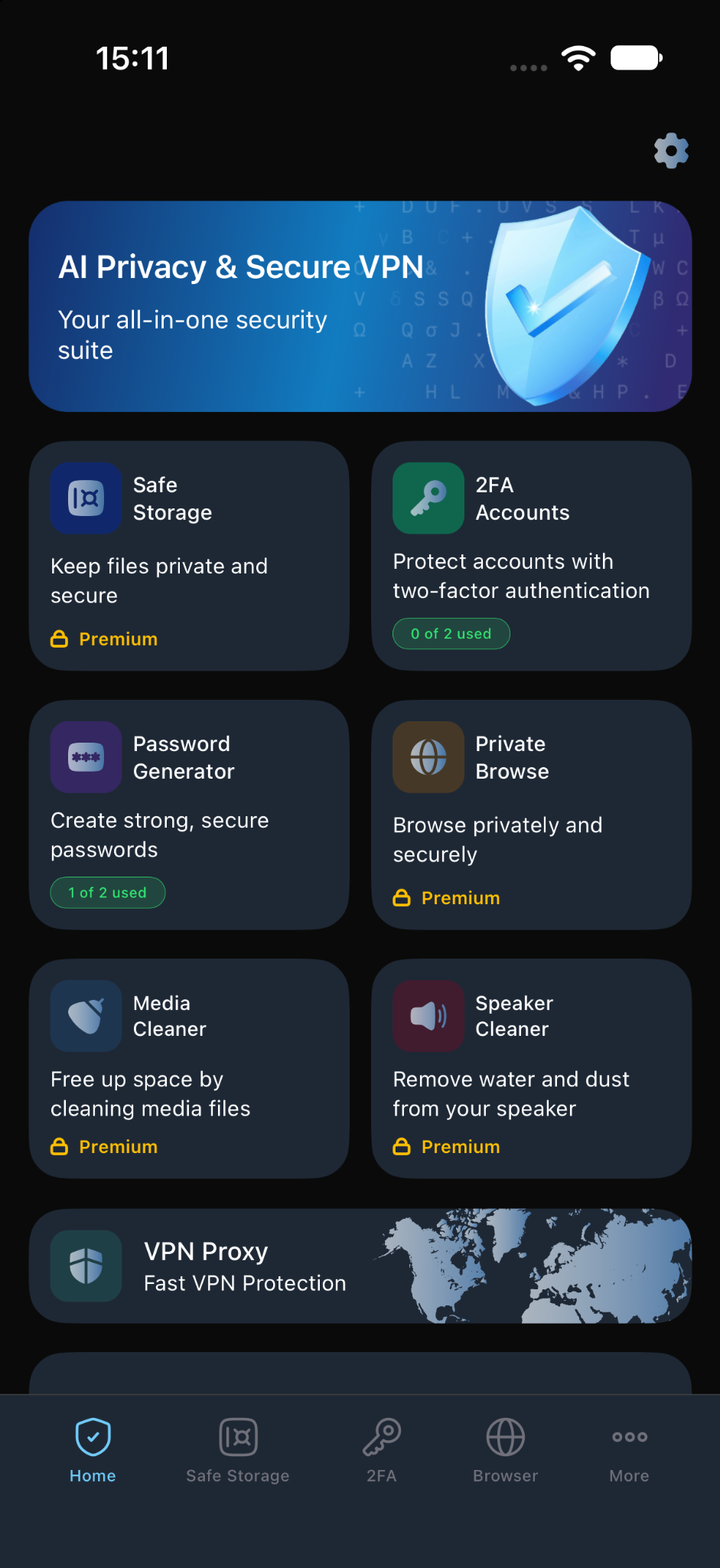 AI Privacy and Secure VPN home screen with security and cleaning tools