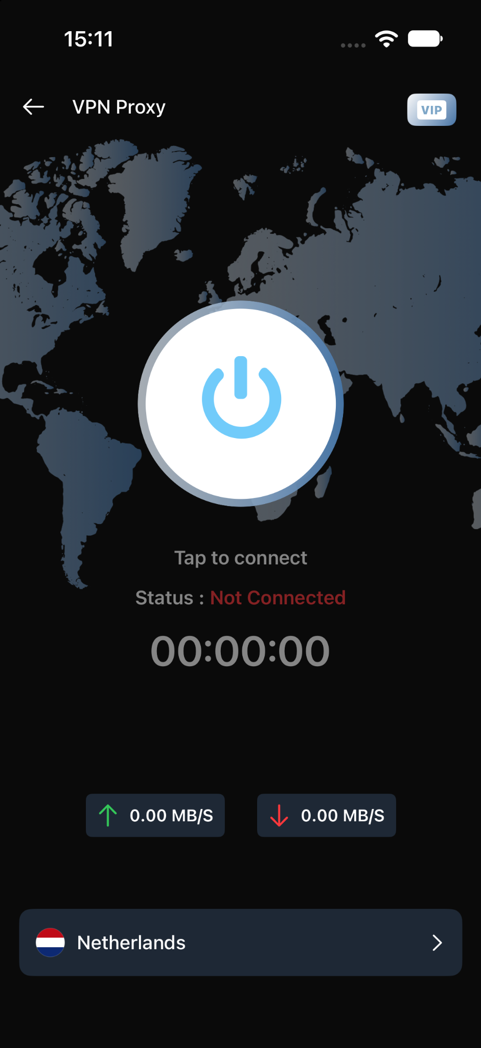 VPN connection screen showing the connection control and server location